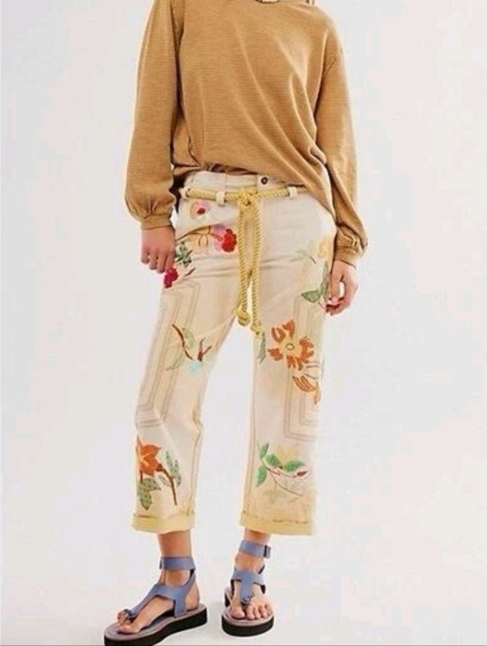 NWOT We The Free People Electric Sands Cropped Jeans Embroidered Canvas Pants 2